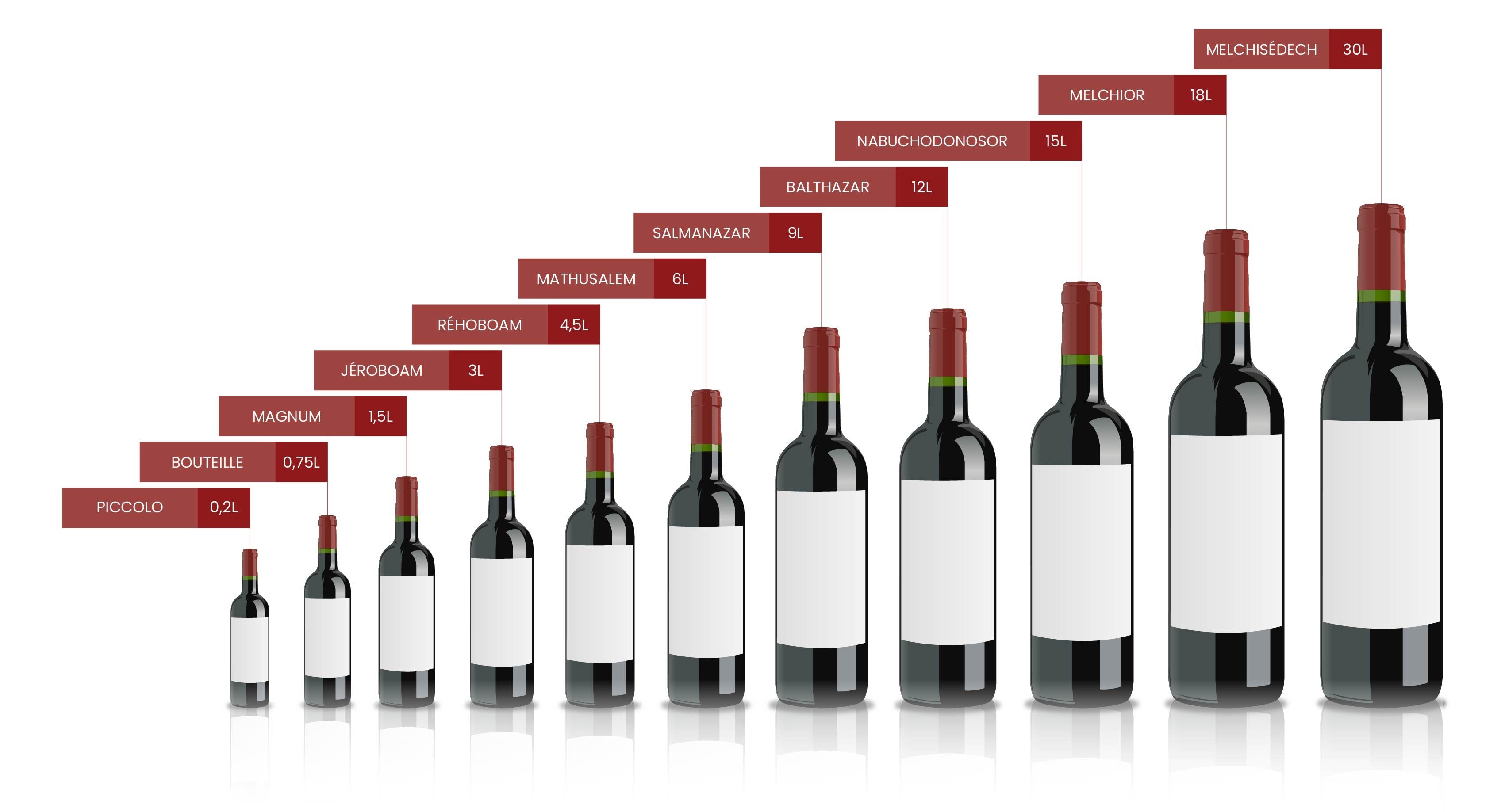 Un schéma sur les différentes tailles de bouteilles de vin et leurs noms