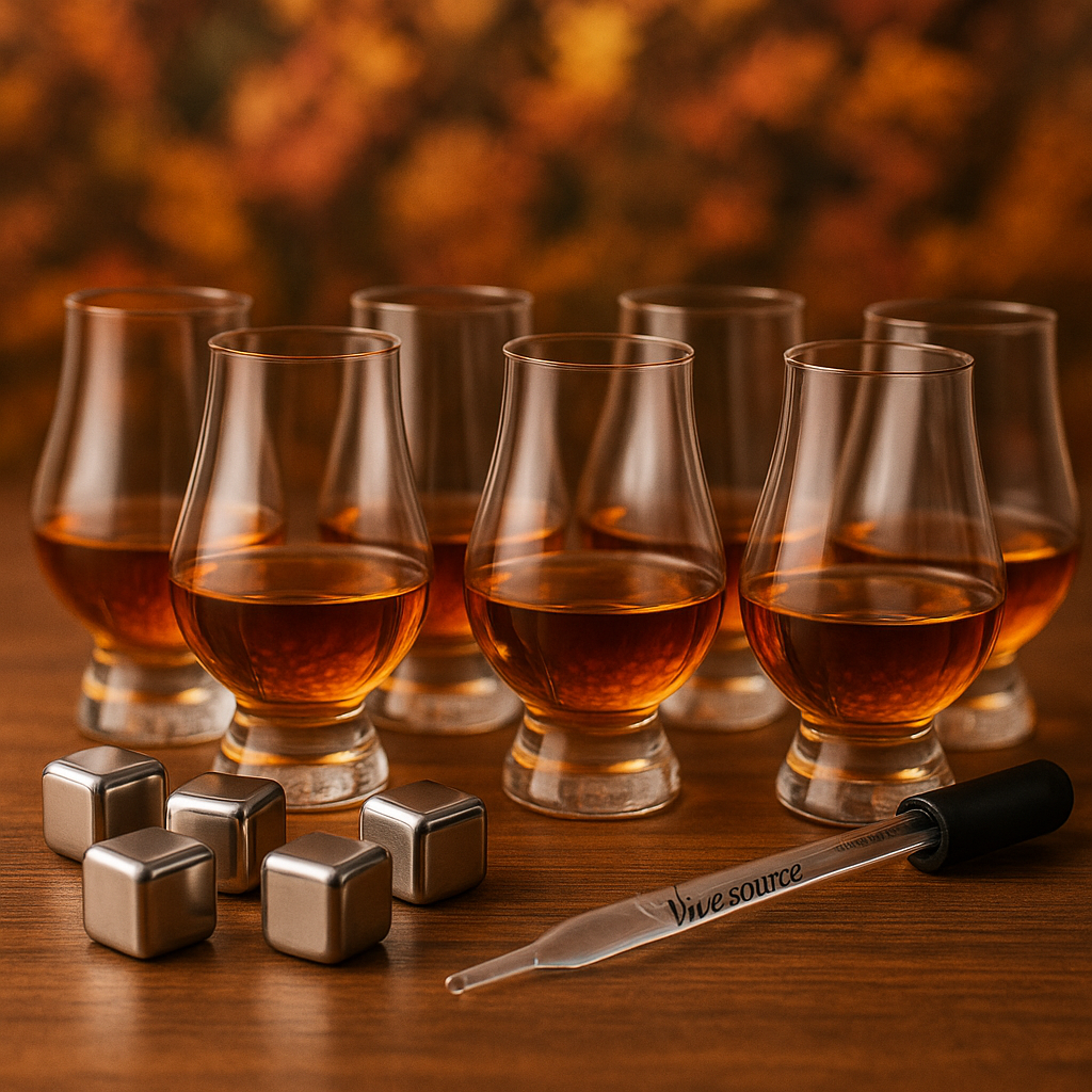 Set of 6 Glencairn glasses with stainless steel ice cubes and one pipette